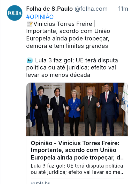 Print de publicação do Jornal Folha de São Paulo no BlueSky.