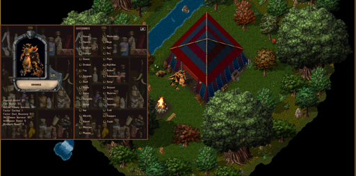 Imagem de seleção de espécies do jogo #UltimaOnline no servidor Ecos de Sosaria. A espécie selecionada é um Drakkul. Há um 'paperdoll' com a imagem de um jogador que selecionou a espécie Drakkul e a legenda: ''Drakkul"'. No centro da imagem, há um personagem Drakkul em pé, do lado de fora de uma cabana. Ao seu redor há um urso dormindo, uma fogueira, várias árvores, vegetação e um riacho.