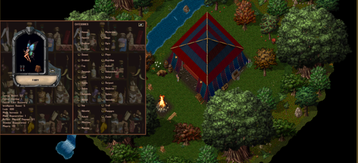 Imagem de seleção de espécies do jogo Ultima Online no servidor Ecos de Sosaria. A espécie selecionada é Fey. Há um 'paperdoll' com a imagem de um jogador que selecionou a espécie Fairy e a legenda: ''Fairy"'. No centro da imagem, há um personagem Fairy em pé, do lado de fora de uma cabana. Ao seu redor há um urso dormindo, uma fogueira, várias árvores, vegetação e um riacho.