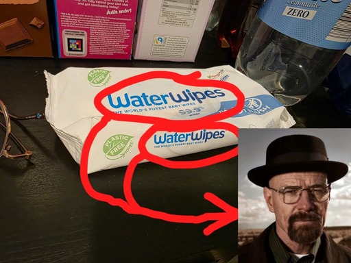 Photo of a Water Wipes branded wet wipes.

A red circle and arrows point from the brand to a superimposed photo of Walter White from Breaking Bad.